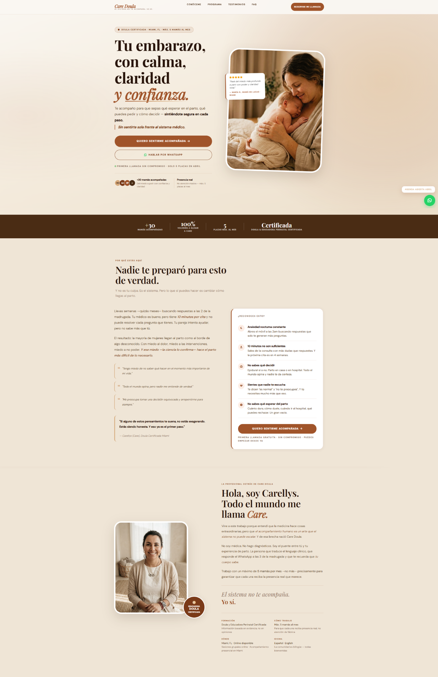 Landing page premium de Care Doula rediseñada por Flor Peña — estética oscura y dorada que comunica autoridad